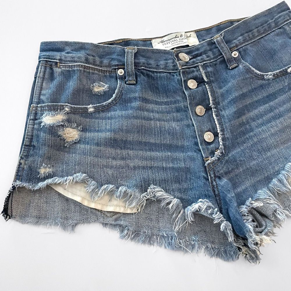 Abercrombie & Fitch Hi Rise Festival Distressed Denim Shorts - Picture 2 of 5
